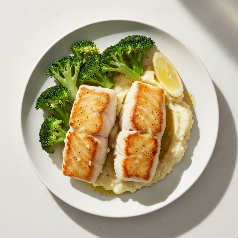 Seared Cod with Steamed Broccoli and Cauliflower Mash