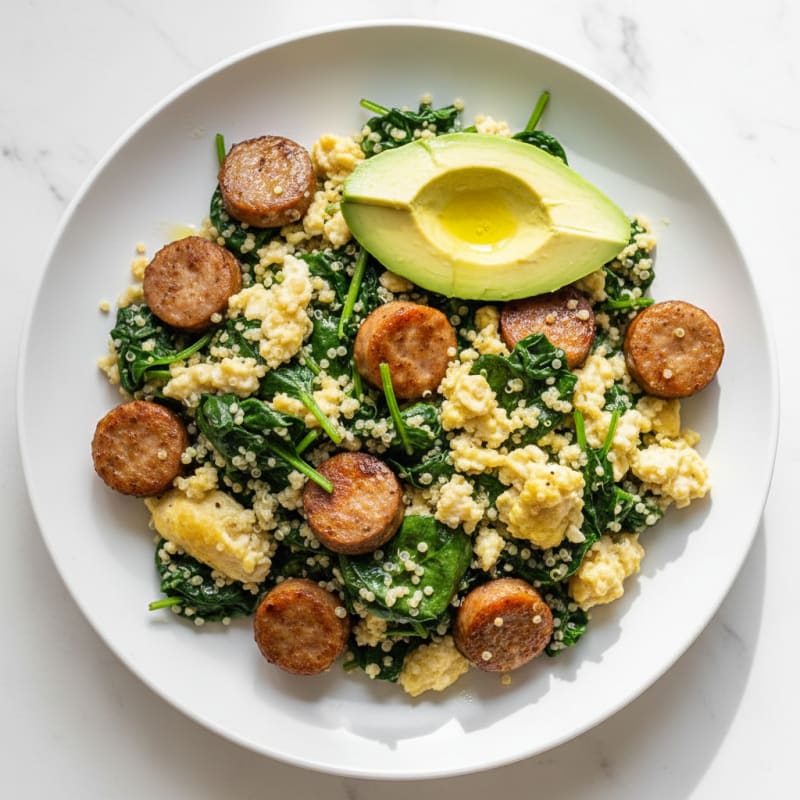 Egg White and Turkey Sausage Scramble with Sautéed Spinach and Quinoa
