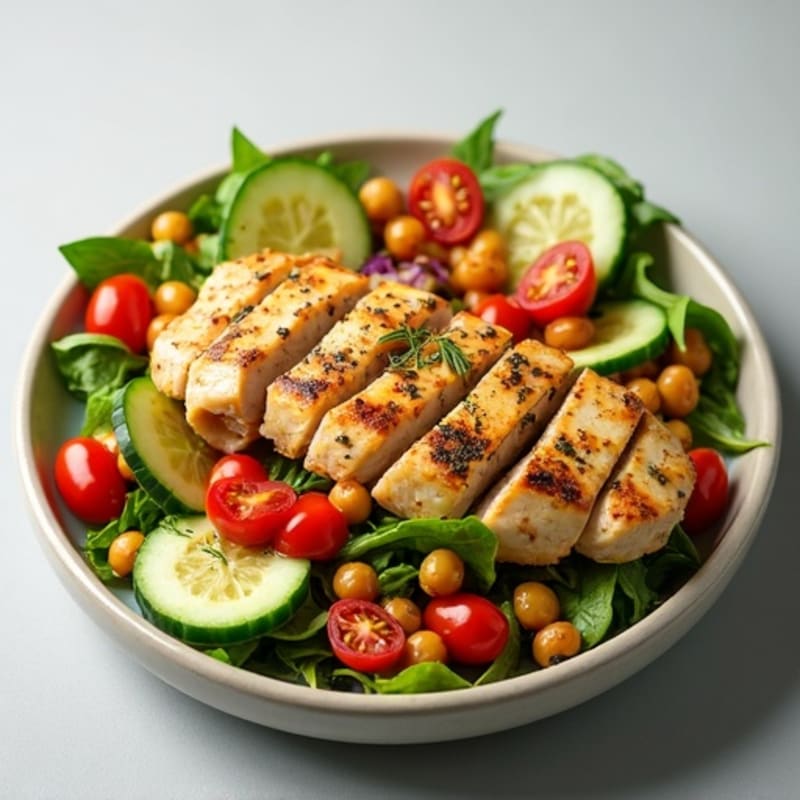 Herb-Roasted Chicken and Crispy Chickpea Salad with Fresh Vegetables