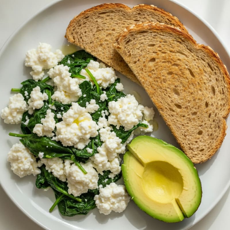 Cottage Cheese and Egg White Scramble with Sautéed Spinach