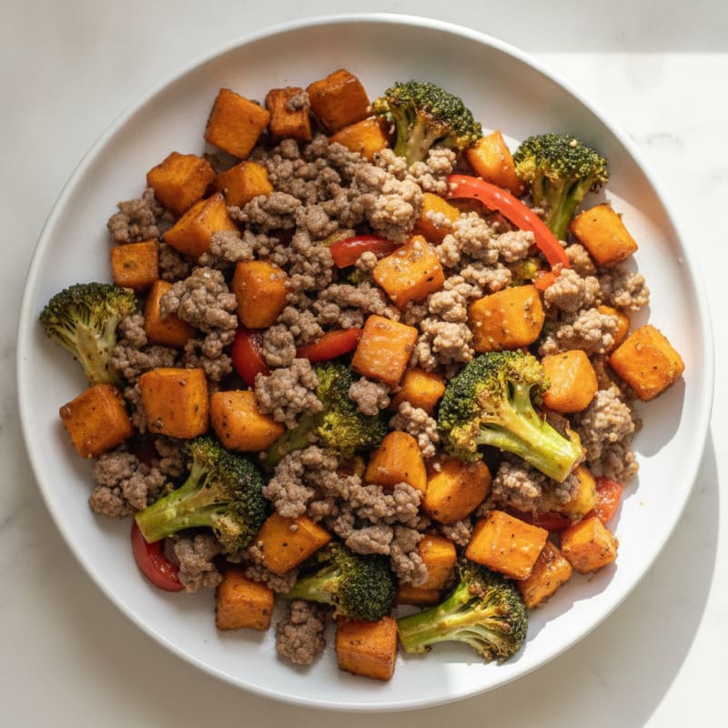 Ground Beef and Roasted Broccoli Sweet Potato Skillet