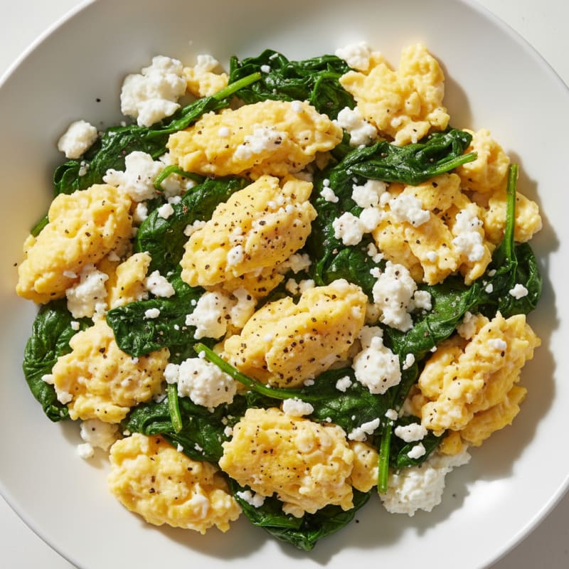 Scrambled Eggs with Cottage Cheese and Sautéed Spinach