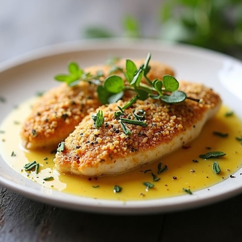 Herb-Crusted Pan Seared Chicken with Lemon Garlic Sauce