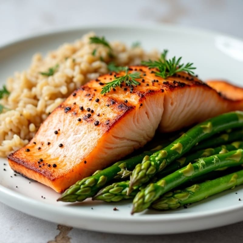 Seared Salmon with Steamed Asparagus and Brown Rice
