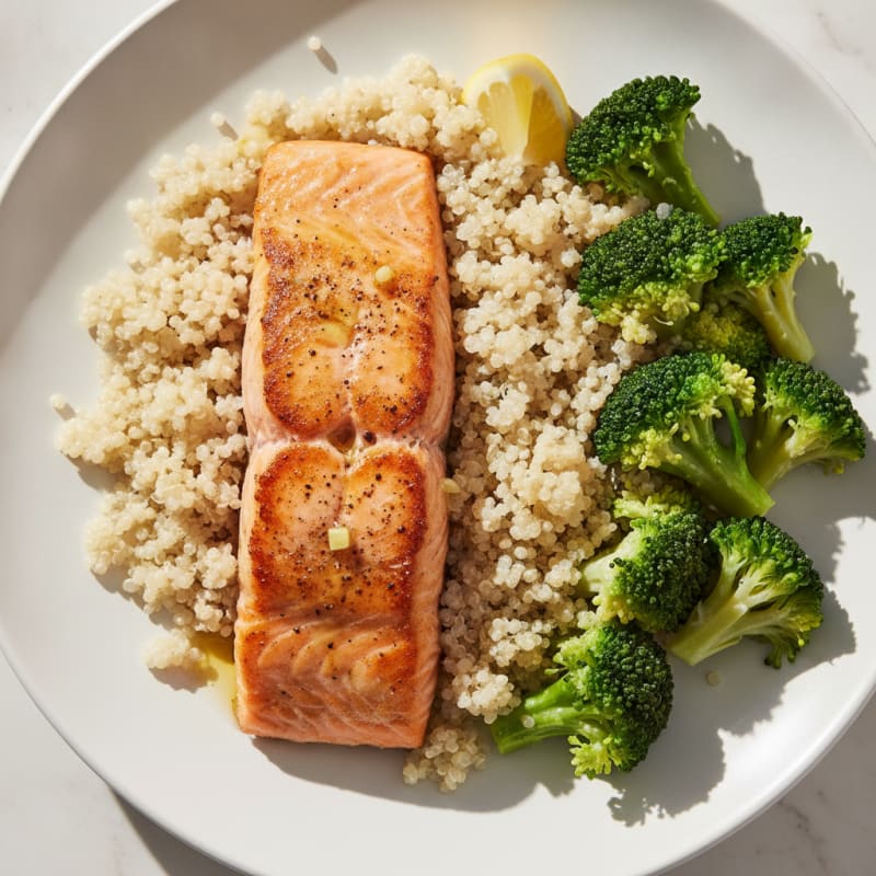 Seared Salmon Fillet with Steamed Broccoli and Quinoa