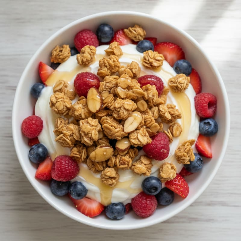 Greek Yogurt Parfait with Mixed Berries and Crunchy Almond Granola