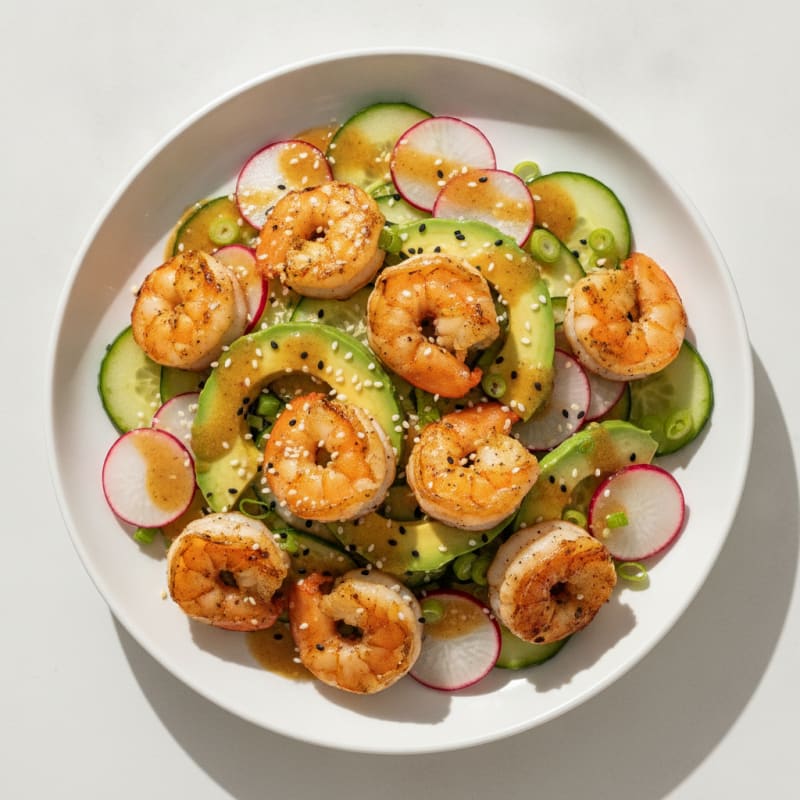 Ginger-Cucumber Salad with Toasted Sesame and Sautéed Shrimp
