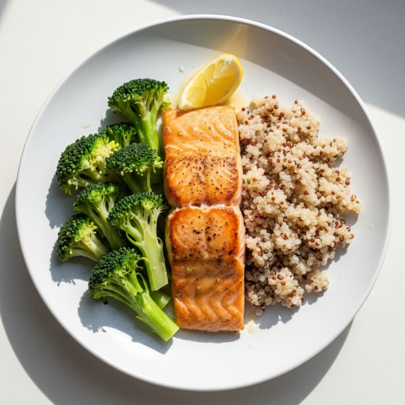 Seared Salmon Fillet with Steamed Broccoli and Quinoa