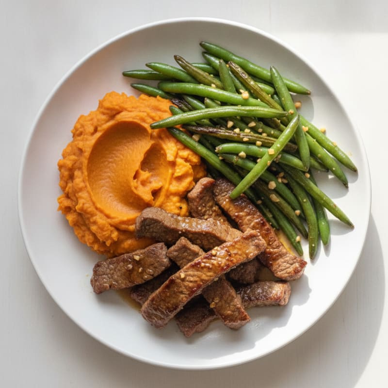Seared Beef Strips with Garlic Green Beans and Mashed Sweet Potato