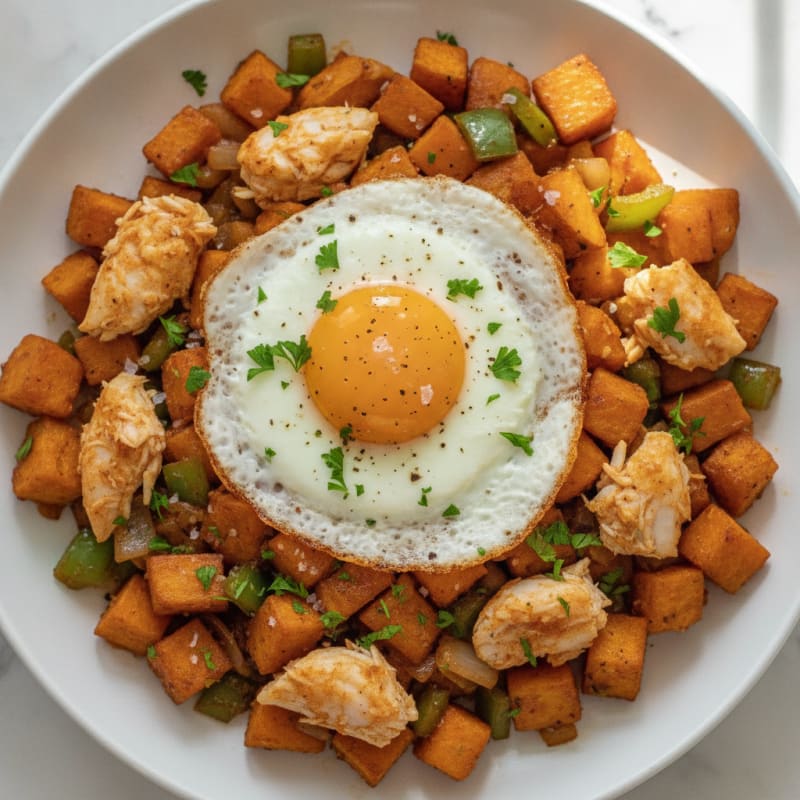 Cajun Crab and Sweet Potato Hash