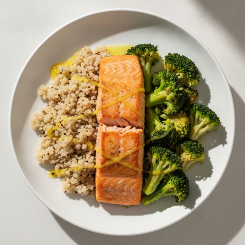 Seared Salmon with Steamed Broccoli and Quinoa
