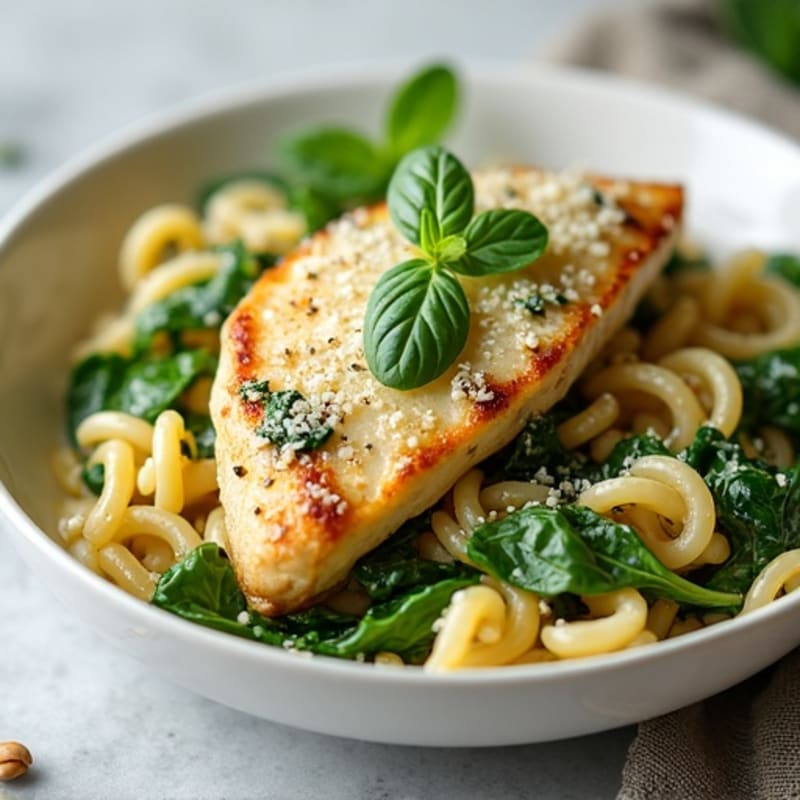 Creamy Pesto Chicken with Whole Wheat Pasta and Fresh Spinach