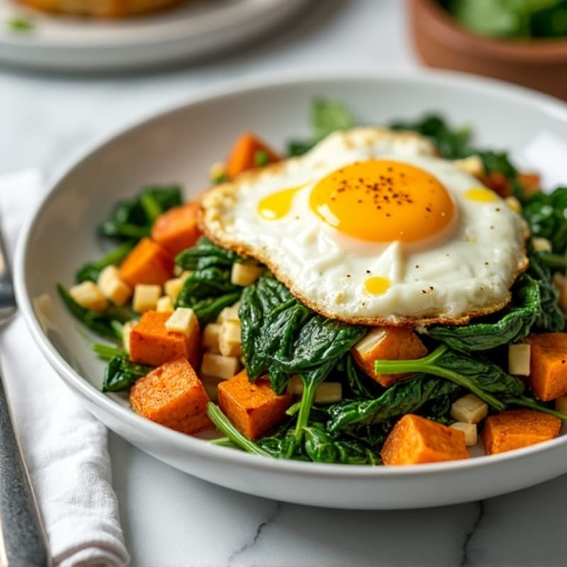 Cottage Cheese Scramble with Spinach and Roasted Sweet Potato
