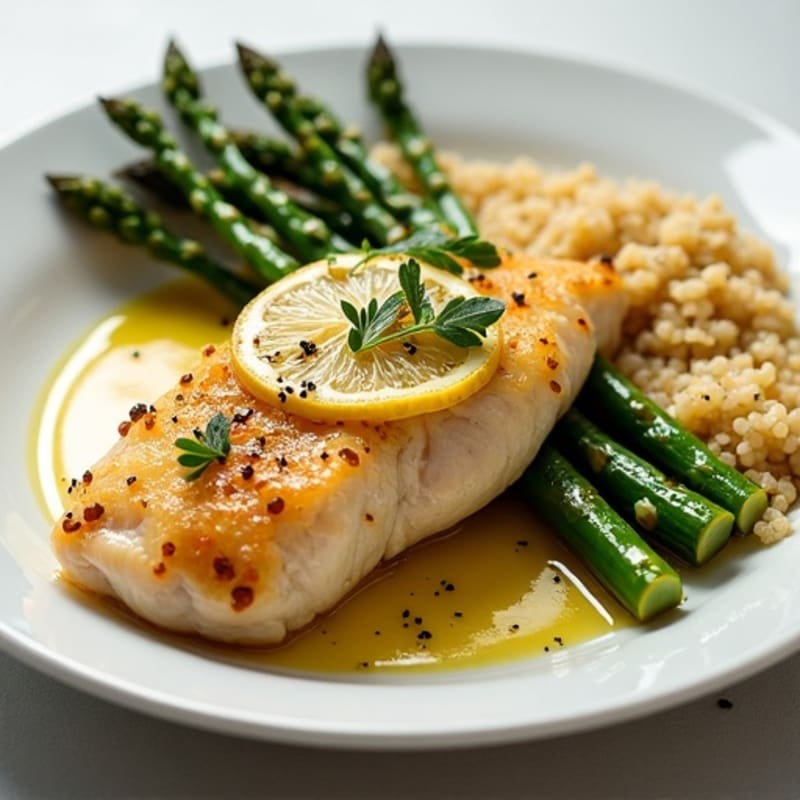 Lemon Garlic Pan-Seared Chicken with Roasted Asparagus and Quinoa
