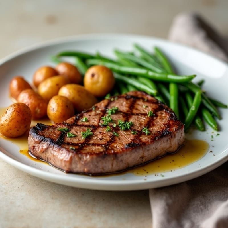 Seared Steak with Garlic Green Beans and Mini Red Potatoes