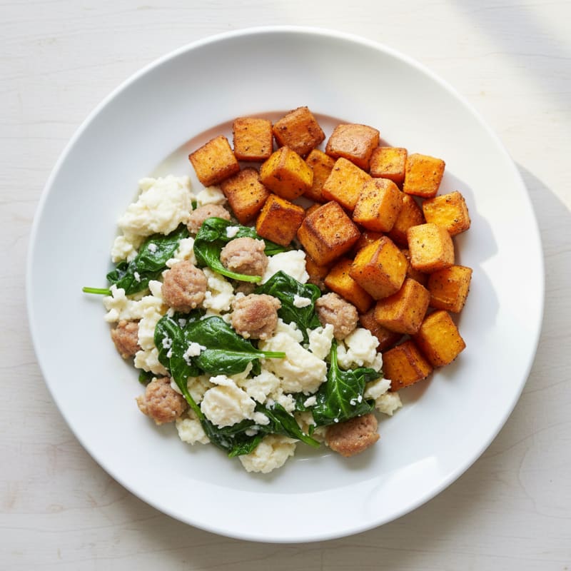 Egg White and Turkey Sausage Scramble with Spinach and Roasted Sweet Potatoes