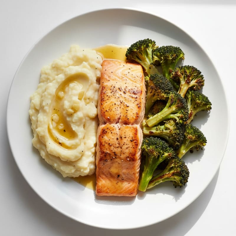 Seared Salmon with Roasted Broccoli and Garlic Mashed Cauliflower