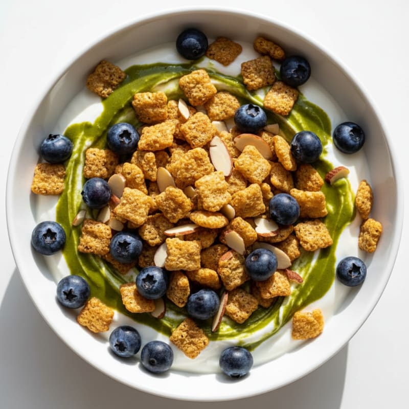 Crunchy High-Protein Cereal Bowl with Greek Yogurt and Matcha Drizzle