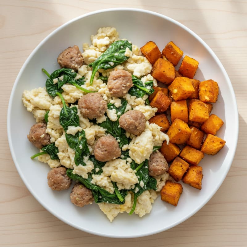 Egg White and Turkey Sausage Scramble with Spinach and Roasted Sweet Potato