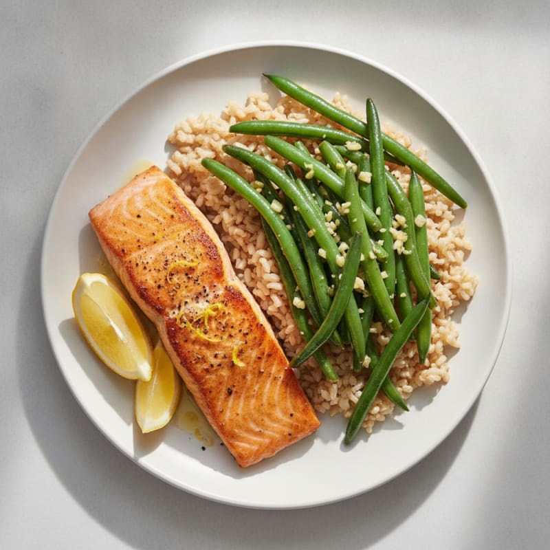 Seared Salmon Fillet with Garlic Green Beans and Brown Rice