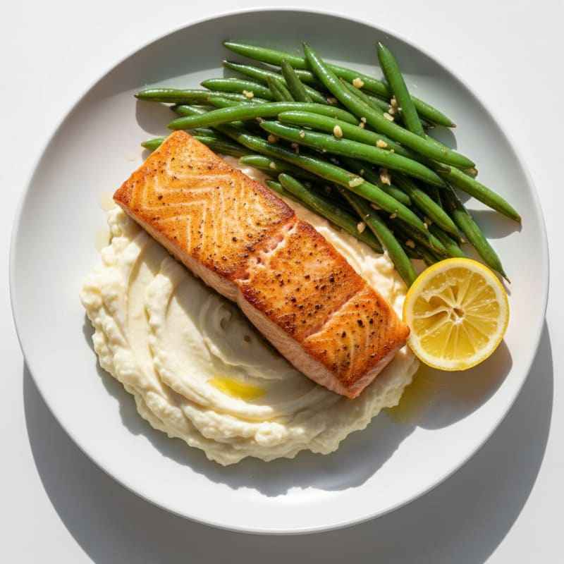 Seared Salmon with Garlic Green Beans and Mashed Cauliflower