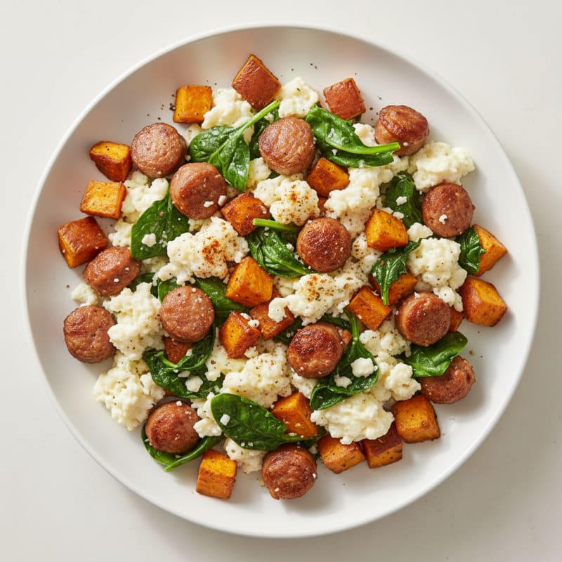 Egg White and Turkey Sausage Scramble with Spinach and Sweet Potato