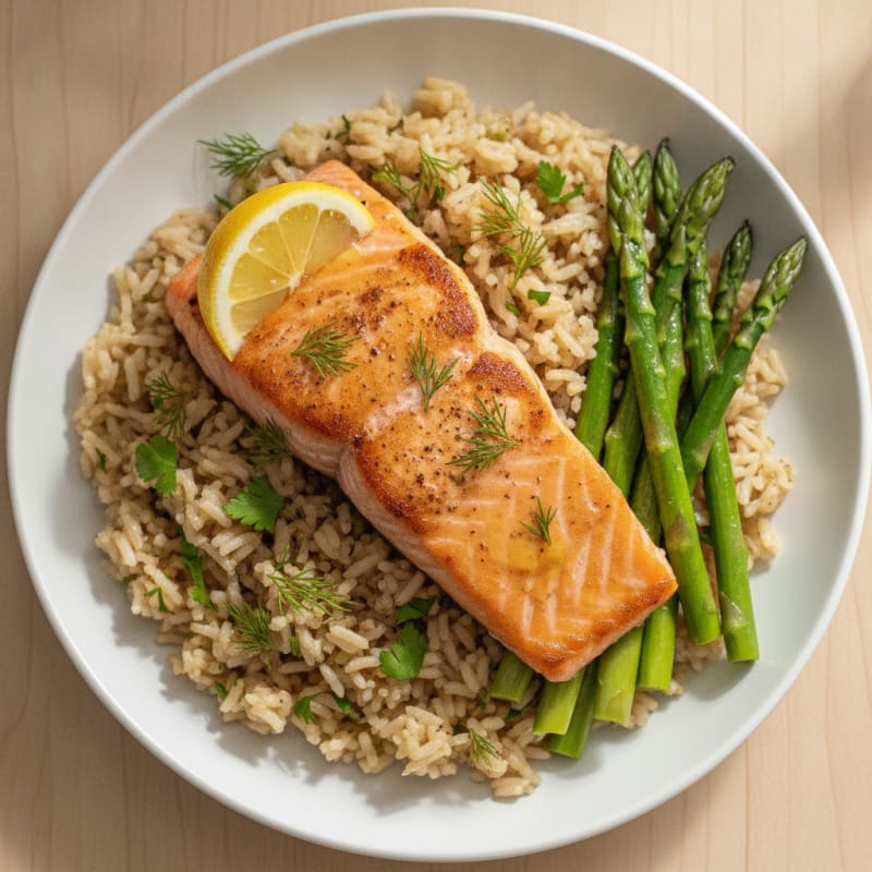 Seared Salmon Fillet with Steamed Asparagus and Herbed Brown Rice