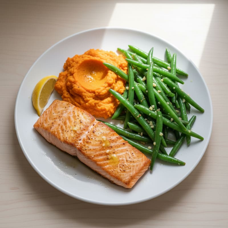 Seared Salmon with Garlic Green Beans and Sweet Potato Mash