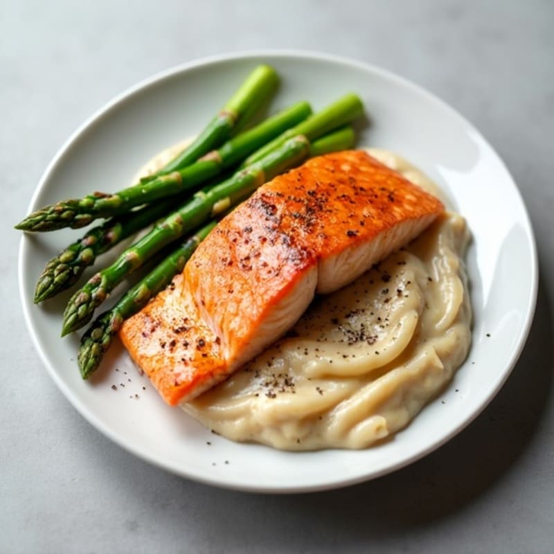 Seared Salmon Fillet with Steamed Asparagus and Mashed White Beans