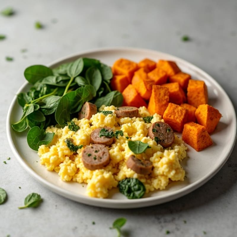 Egg White and Turkey Sausage Scramble with Spinach and Roasted Sweet Potato
