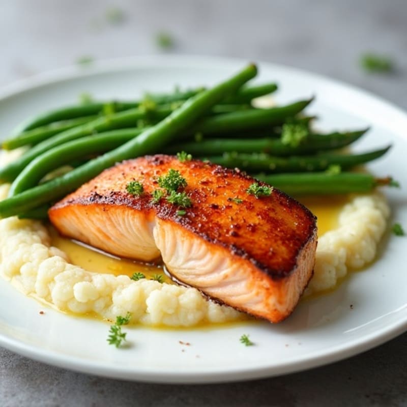 Seared Salmon Fillet with Garlic Green Beans and Cauliflower Mash