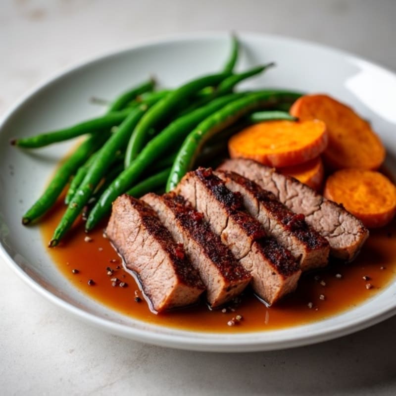 Smoky Brisket with Roasted Sweet Potatoes and Crispy Green Beans