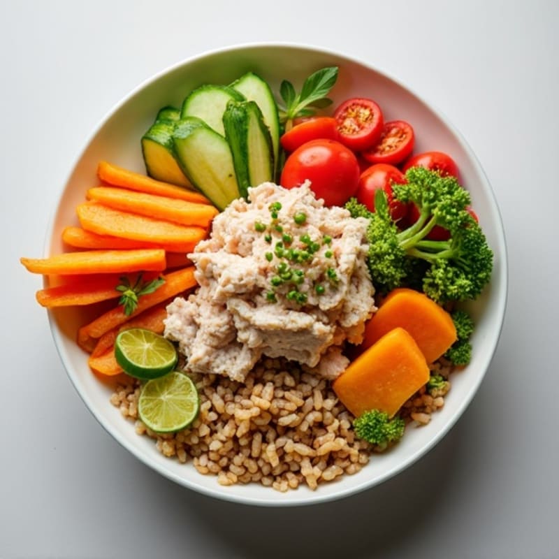 Flaked Tuna Power Bowl with Brown Rice and Fresh Vegetables