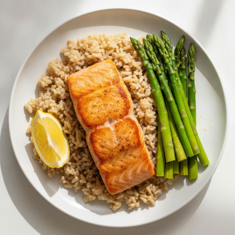 Seared Salmon with Steamed Asparagus and Brown Rice