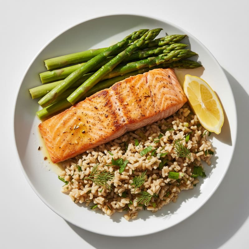 Seared Salmon with Steamed Asparagus and Herb Brown Rice