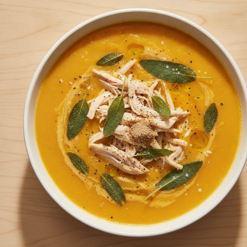 Roasted Butternut Squash Soup with Sage and Shredded Chicken