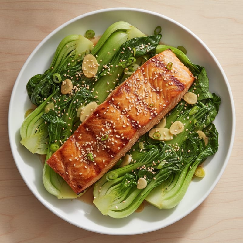 Sesame-Ginger Grilled Salmon with Steamed Bok Choy
