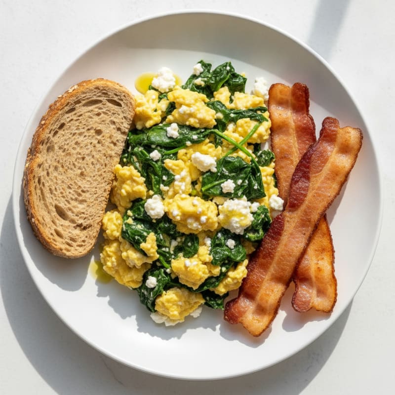 Cottage Cheese Egg Scramble with Sautéed Spinach and Turkey Bacon