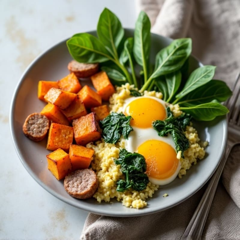 Egg White and Chicken Sausage Scramble with Spinach and Roasted Sweet Potatoes