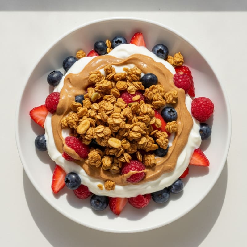 Greek Yogurt Parfait with Almond Butter and Mixed Berries