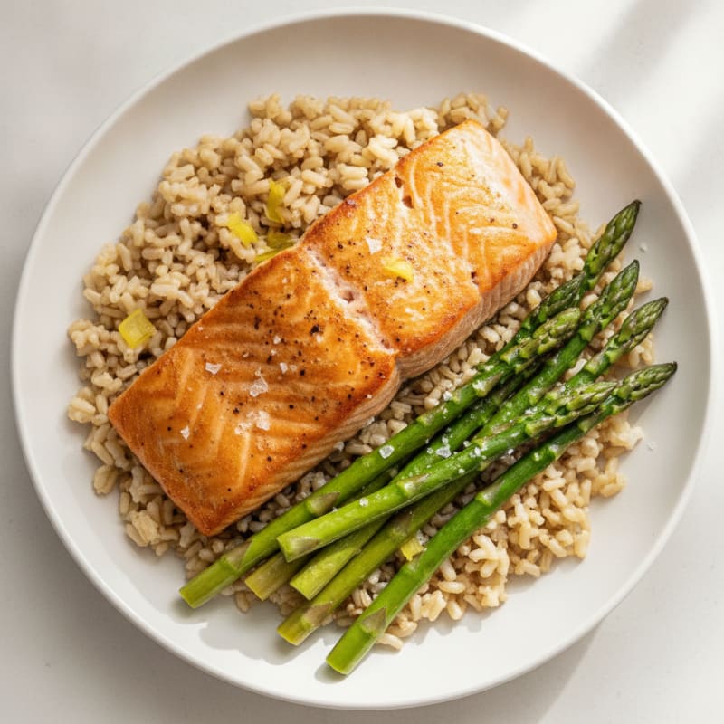 Seared Salmon with Steamed Asparagus and Brown Rice