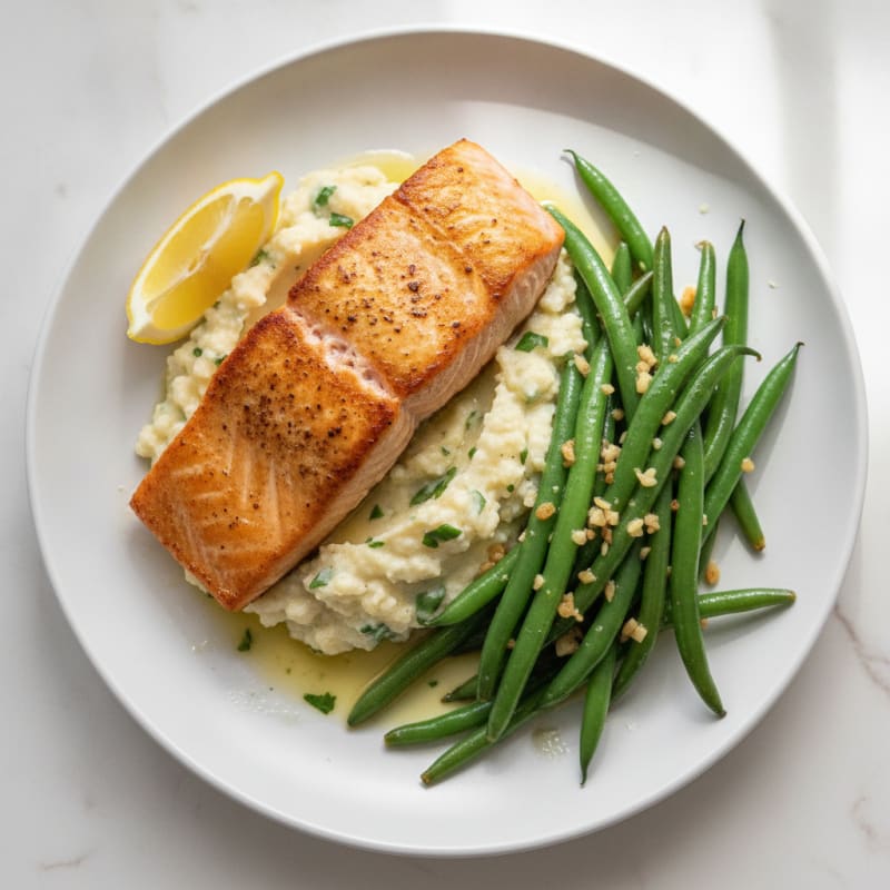 Seared Salmon with Garlic Green Beans and Cauliflower Mash