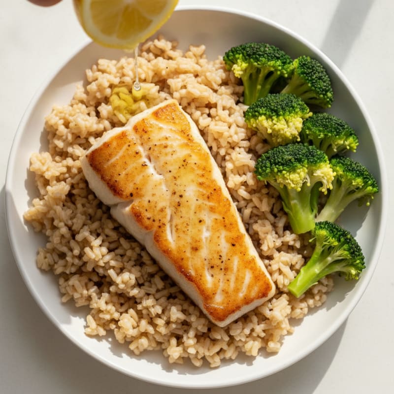 Seared Cod with Brown Rice and Steamed Broccoli