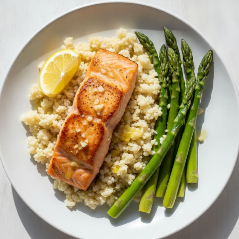 Seared Salmon with Steamed Asparagus and Cauliflower Rice