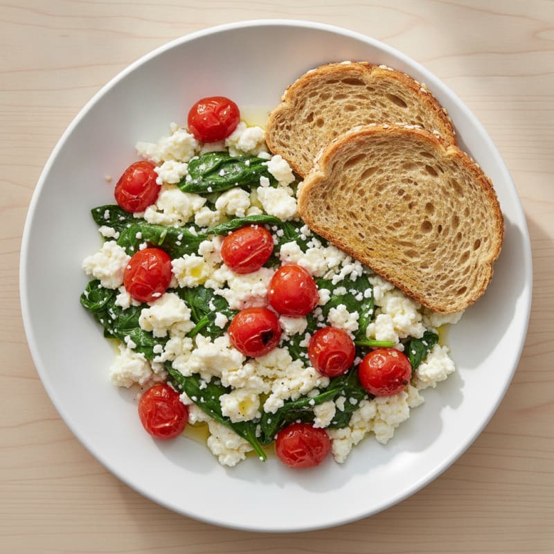 Egg White Spinach Scramble with Cottage Cheese and Cherry Tomatoes