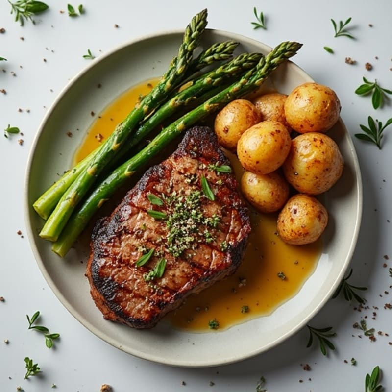 Garlic Herb Pan-Seared Steak with Crispy Roasted Potatoes and Asparagus