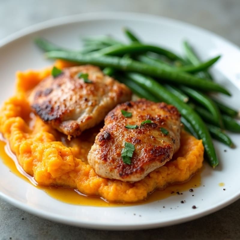 Seared Chicken Thighs with Steamed Green Beans and Sweet Potato Mash