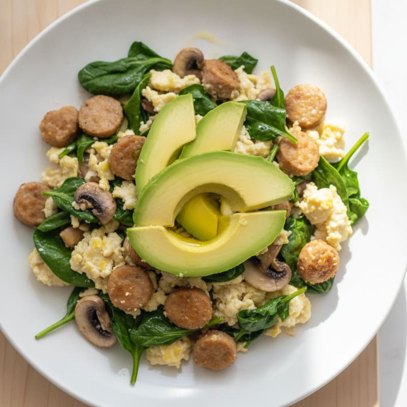 Egg White and Turkey Sausage Scramble with Spinach and Mushrooms