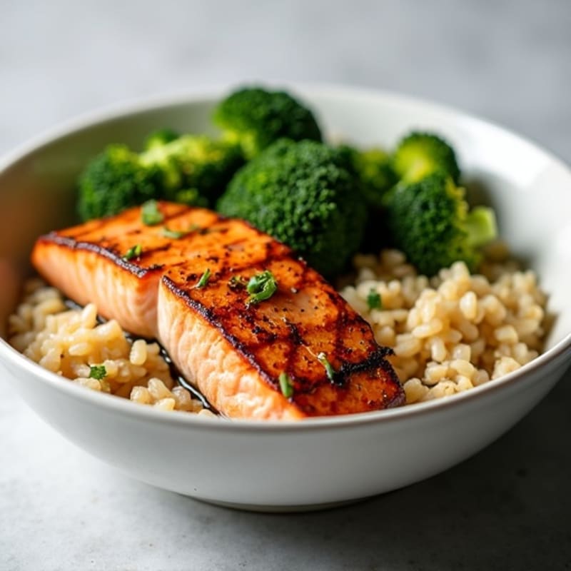 Grilled Salmon Bowl with Steamed Rice and Roasted Broccoli