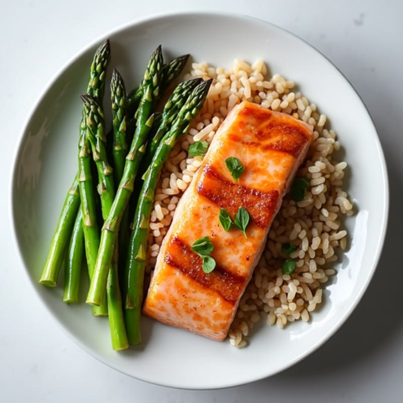 Seared Salmon with Steamed Asparagus and Brown Rice